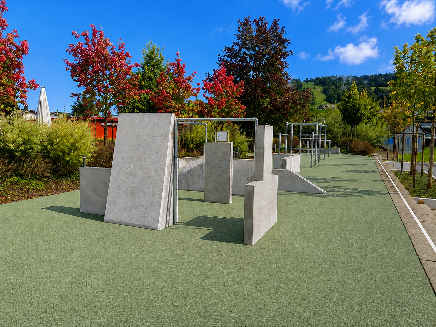 Parkour- und Street-Workout-Anlage Schönenbüel Unterägeri mit Betonwänden und Rails