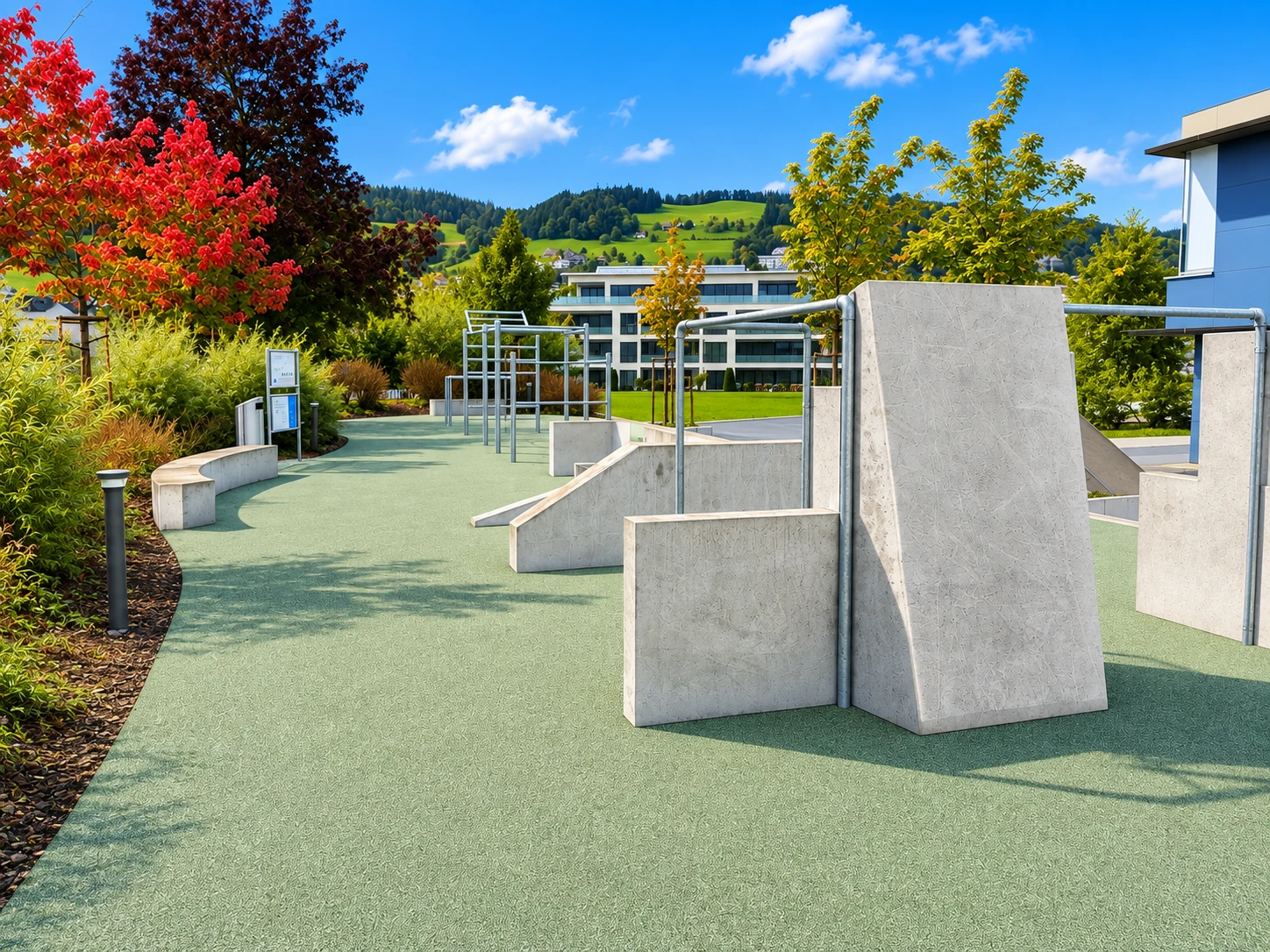 Parkour-Anlage Unterägeri im Kanton Zug mit Betonwänden und Street-Workout-Bereich